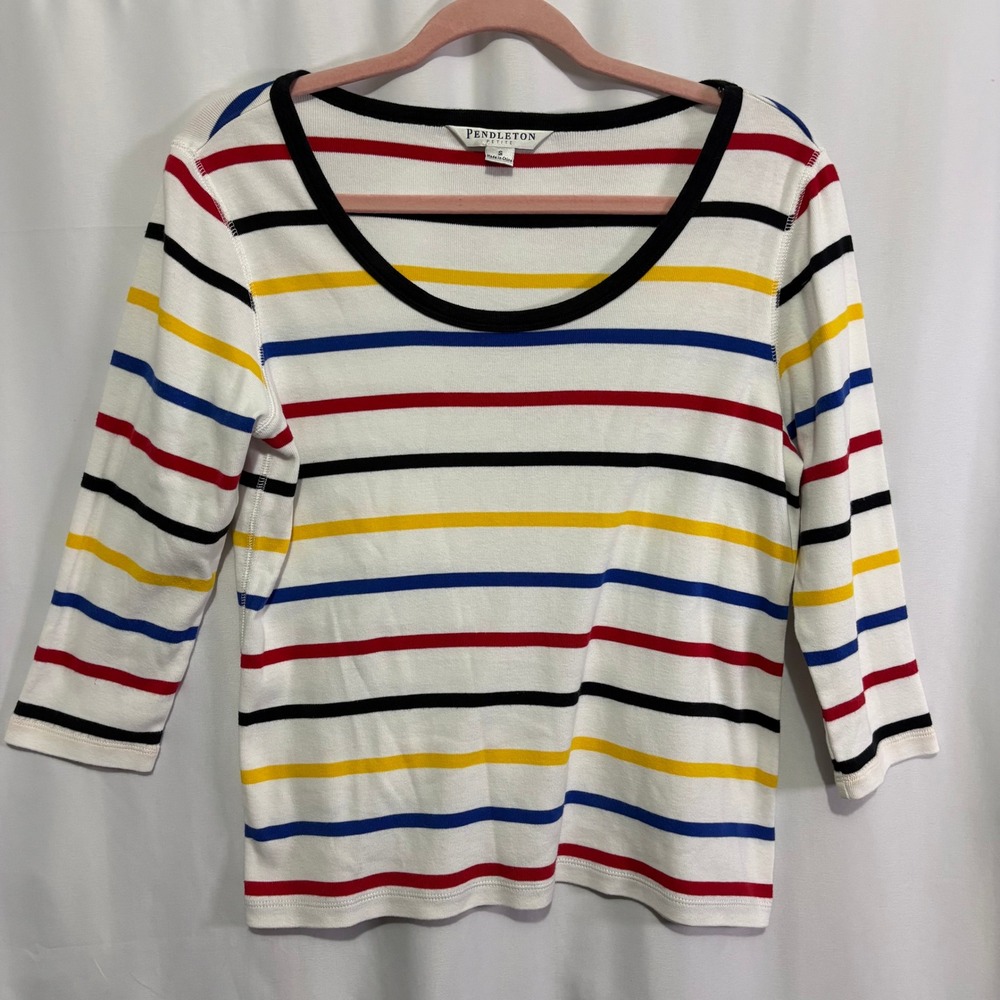 Pendleton Petite Women S Multi Color Stripe Cotton Scoop Neck 3/4 Sleeve Top